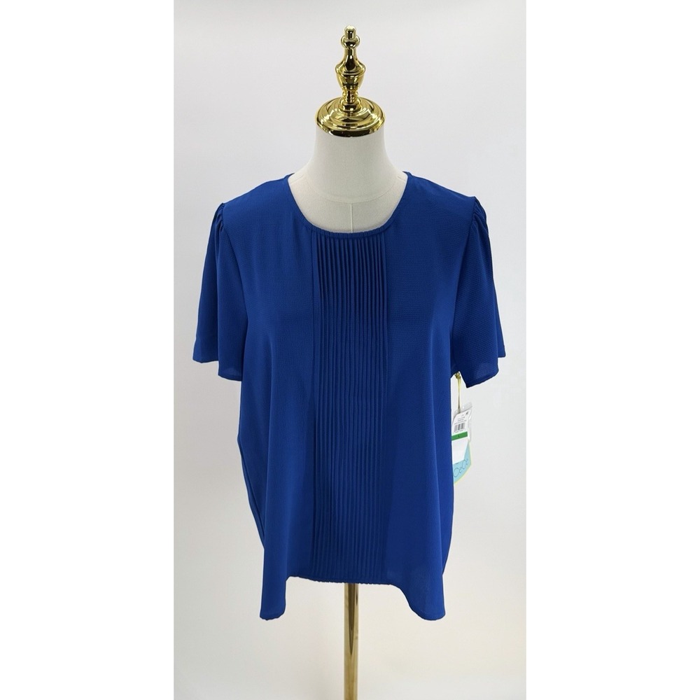 Cece Pintucked Front Crew Neck Short Sleeve Blouse Top Royal Blue Size Large L
